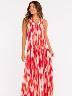 Calvin Klein Pink Orange Watercolor Maxi Dress Size Small Resort Vacation Boho